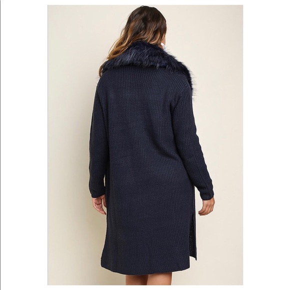 LAST☝️Navy Knit Open Cardigan with Faux fur Collar - Picture 6 of 9